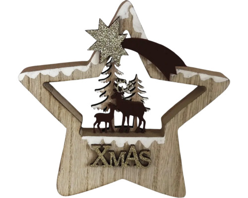 Weihnachtsdekoration aus Holz in Sternform mit Waldszene, Hirschen, Tannen und glitzerndem XMAS Schriftzug.