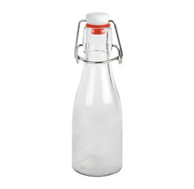 Glasflasche mit Bügelverschluss, weißem Stopfen und roter Dichtung.