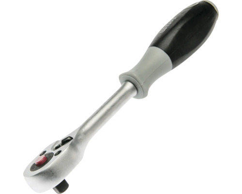 Cliquet réversible WGB argenté en métal avec poignée ergonomique en plastique noir et gris et bouton-poussoir rouge.