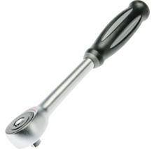 Umschaltknarre mit ergonomischem Kunststoffgriff und umschaltbarem Kopf aus Metall.
