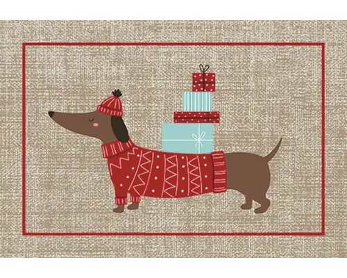 Fussmatte mit Dackel-Motiv, Hund im roten Pullover und Mütze mit Geschenken auf dem Rücken.