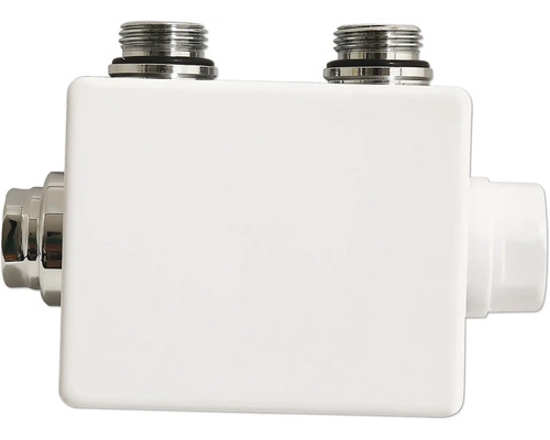 Bloc de raccordement pour radiateur blanc avec deux raccords supérieurs et des jonctions latérales en métal et plastique.