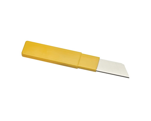Cutter jaune avec manche en plastique et lame métallique.