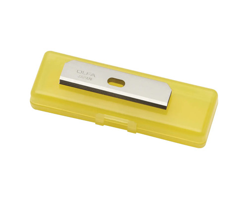 Lames de rechange OLFA pour grattoirs en acier dans un étui en plastique jaune.