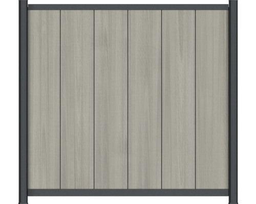 Sichtschutzzaun aus Verbundwerkstoff mit vertikalen grauen Paneelen in Holzoptik und einem dunklen Metallrahmen.