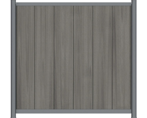 Élément de clôture pare-vue gris avec lames verticales en composite bois-plastique et cadre en aluminium.