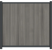 Sichtschutzzaun aus WPC mit vertikalen Lamellen in Holzoptik und einem dunklen Metallrahmen.