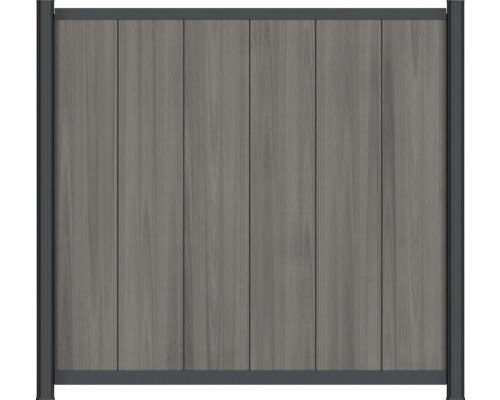 Sichtschutzzaun aus WPC mit vertikalen Lamellen in Holzoptik und einem dunklen Metallrahmen.