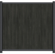 Clôture de protection contre les regards anthracite en composite bois-plastique avec lattes verticales et cadre métallique.