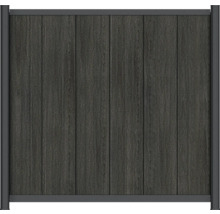 Clôture brise-vue en composite avec lattes verticales et cadre en aluminium anthracite.