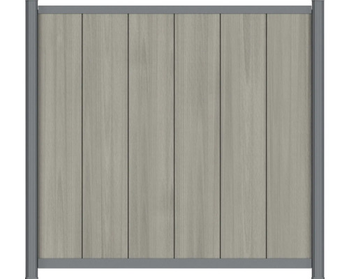 Panneau de clôture en WPC avec lames verticales aspect bois et cadre métallique gris.