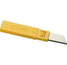 Étui en plastique jaune avec lames de rechange en acier pour cutter Olfa, lames sécables pour découpes précises.