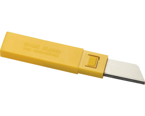 Étui en plastique jaune avec lames de rechange en acier pour cutter Olfa, lames sécables pour découpes précises.