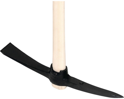Pioche avec une tête en métal noir et un manche en bois clair.