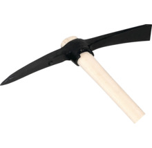 Pioche avec manche court en bois et tête en métal noir.