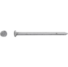 Drahtstift aus Stahl mit Flachkopf, Seitenansicht und Draufsicht auf den Nagelkopf.