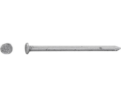Drahtstift aus Stahl mit Flachkopf, Seitenansicht und Draufsicht auf den Nagelkopf.