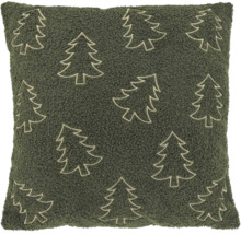 Coussin décoratif carré en tissu texturé vert foncé avec des contours de sapins brodés.