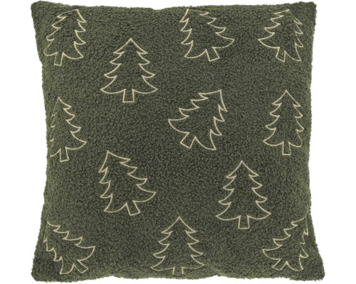 Coussin décoratif carré en tissu texturé vert foncé avec des contours de sapins brodés.