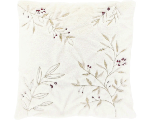 Coussin décoratif avec motif de branches et de baies brodé sur une peluche douce.