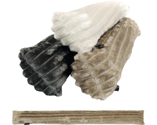 Boudins de porte en peluche douce et nervurée de différentes couleurs, en rouleaux et à plat.