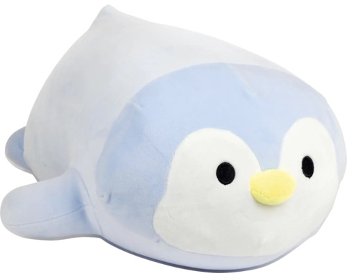 Blau-weisses Pinguin-Plüschtier aus weichem Material in Kissenform mit gelbem Schnabel.