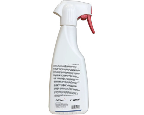 Rückseite einer Sprühflasche Avital Armaturenreiniger 500 Milliliter mit Produktinformationen und Gebrauchsanweisung.