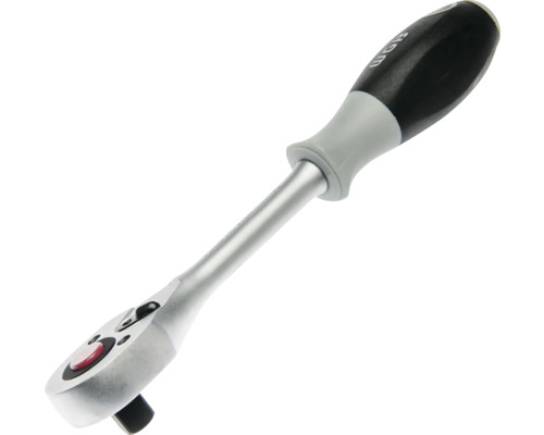 Cliquet réversible WGB en acier chromé avec poignée en plastique noir et gris et bouton poussoir rouge.