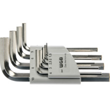 WGB Winkelschlüsselsatz 9-teilig, Inbusschlüssel aus Metall im grauen Halter, Größen 1,5 bis 10 Millimeter, WGB Logo.