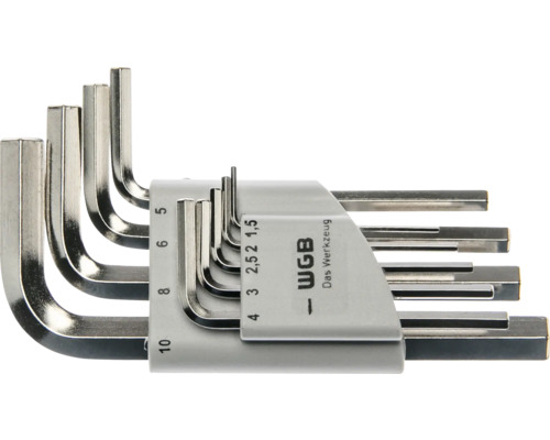 WGB Winkelschlüsselsatz 9-teilig, Inbusschlüssel aus Metall im grauen Halter, Größen 1,5 bis 10 Millimeter, WGB Logo.
