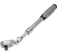 Teleskop-Gelenkknarre mit verstellbarem Griff und schwenkbarem Kopf aus Metall.