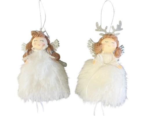 Weihnachtsanhänger Engel im Zweierset mit weissem Federkleid, silbernen Flügeln und Geweih oder Krone.