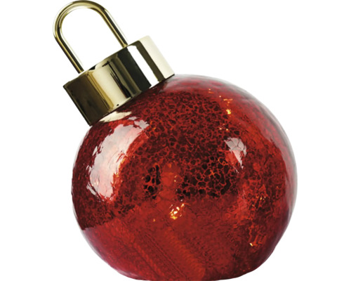 Boule de Noël rouge en verre avec effet craquelé et attache dorée.