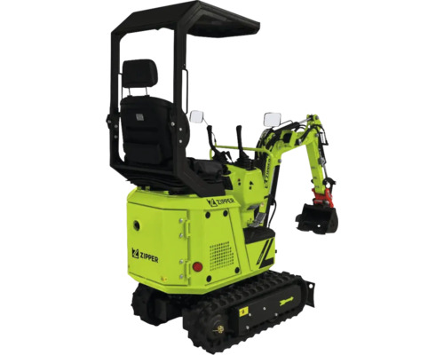Mini-pelle Zipper avec chenilles, bras d'excavation et toit de protection pour travaux de construction.