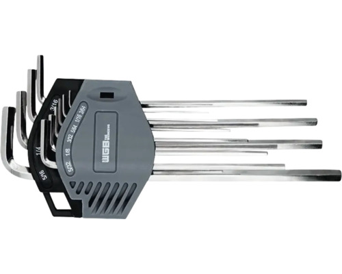 WGB Winkelschlüsselsatz aus Metall in Zoll-Größen im grauen Halter.