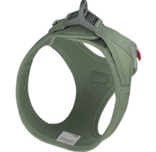 Harnais pour chien vert olive en maille respirante avec boucle en plastique et anneaux de fixation pour la laisse.