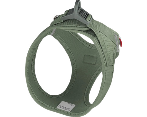 Harnais pour chien vert olive en maille respirante avec boucle en plastique et anneaux de fixation pour la laisse.