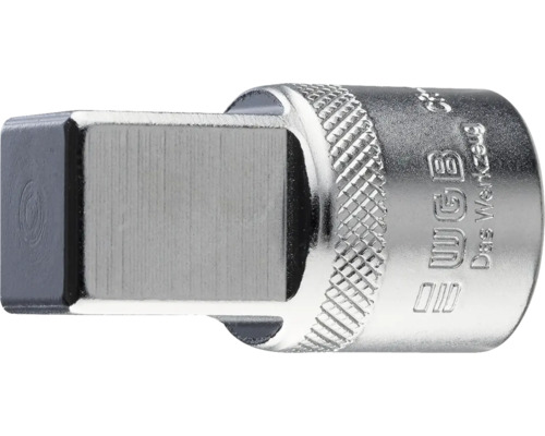 Adaptateur de douille WGB en acier chrome-vanadium avec entraînement carré et moletage. WGB Logo.