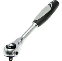 Cliquet réversible argenté en métal avec poignée ergonomique noir-gris et entraînement carré.
