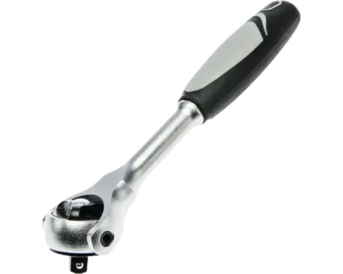 Cliquet réversible argenté en métal avec poignée ergonomique noir-gris et entraînement carré.