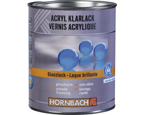 Vernis acrylique brillant Hornbach, faible odeur et séchage rapide avec label environnemental Ange Bleu. Hornbach Logo.