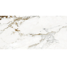 Carrelage en grès cérame aspect marbre blanc avec des veines brunes.