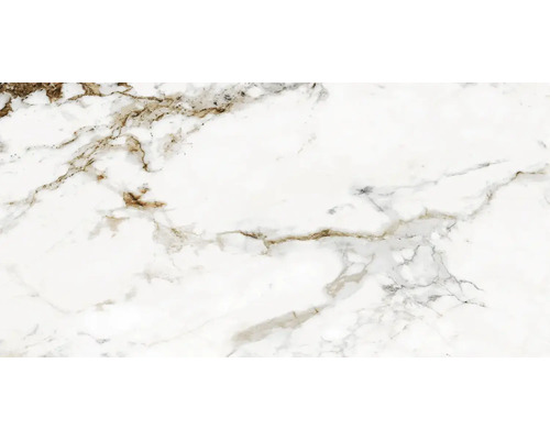 Carrelage en grès cérame aspect marbre blanc avec des veines brunes.