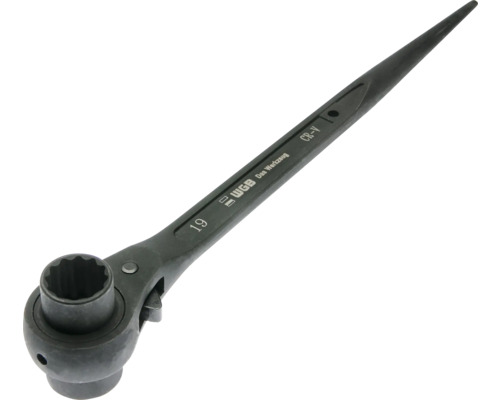 Clé à cliquet d'échafaudage WGB noire taille 19 en acier chrome-vanadium avec manche pointu.