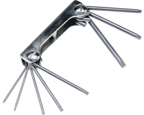 Klappbarer Torx-Schlüsselsatz aus Metall mit mehreren Schlüsseln in verschiedenen Größen.