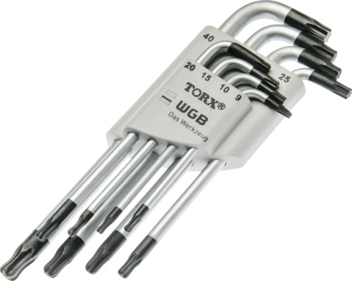 WGB Winkelschlüsselsatz für Torx-Schrauben in verschiedenen Größen in einem Kunststoffhalter.
