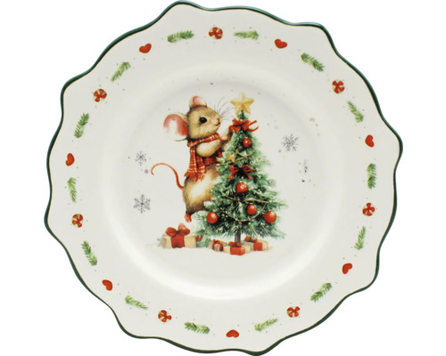 Weihnachtsteller aus Keramik mit gewelltem Rand, Motiv einer Maus mit Schal neben einem Tannenbaum und Geschenken.