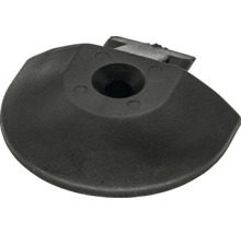 Patin en plastique noir en forme de D avec trou de montage central pour meubles.