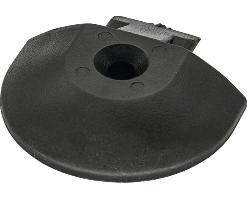 Patin en plastique noir en forme de D avec trou de montage central pour meubles.