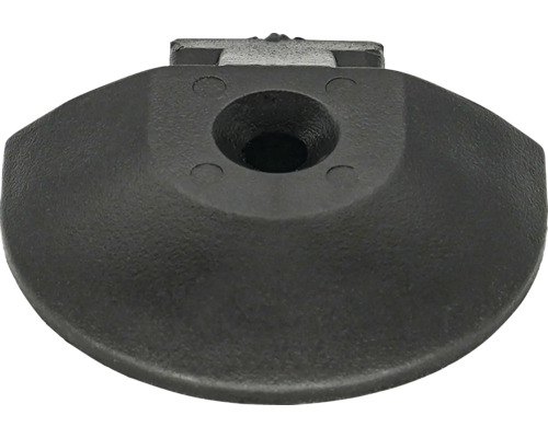 Patin de meuble noir en plastique avec trou de fixation.